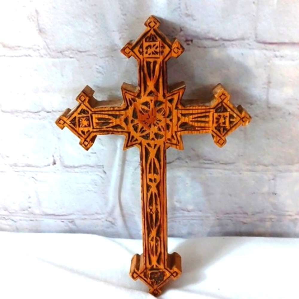 Wooden Handcrafted Engraved Signed Vintage Cross